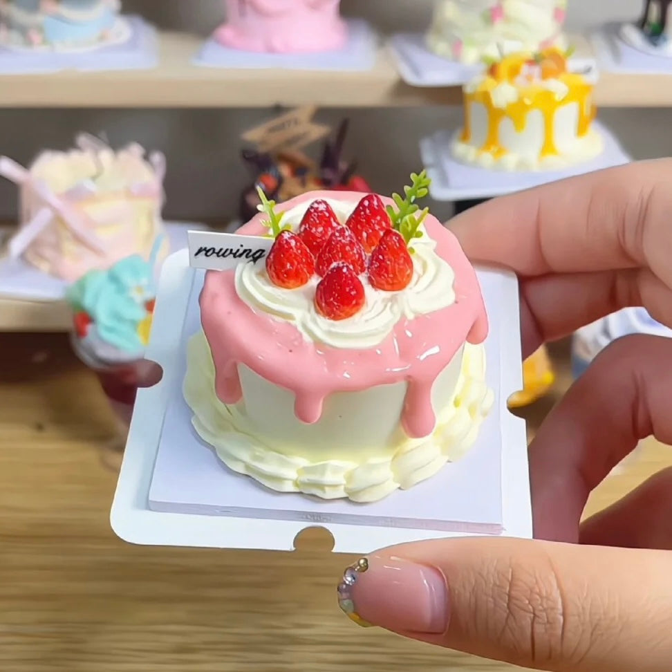 Mini Strawberry Drip Clay Cake - Glossy Pink Drip Decor | Tiny Resin-Like Dessert Figurine for Desk & Collection
