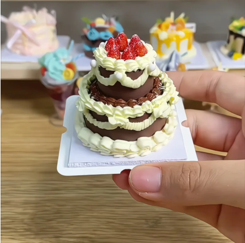 Mini Double-Layer Chocolate Clay Cake - Realistic Pretend Play Food Toy for Dollhouse & Kids' Role-Play